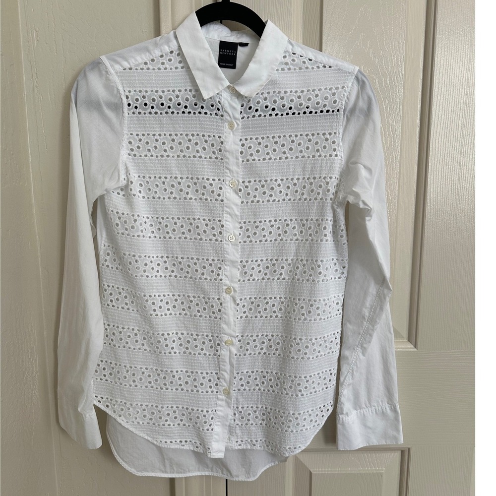 Barneys New York Made in Italy White Eyelet Lace Button Down Shirt - Small‎
